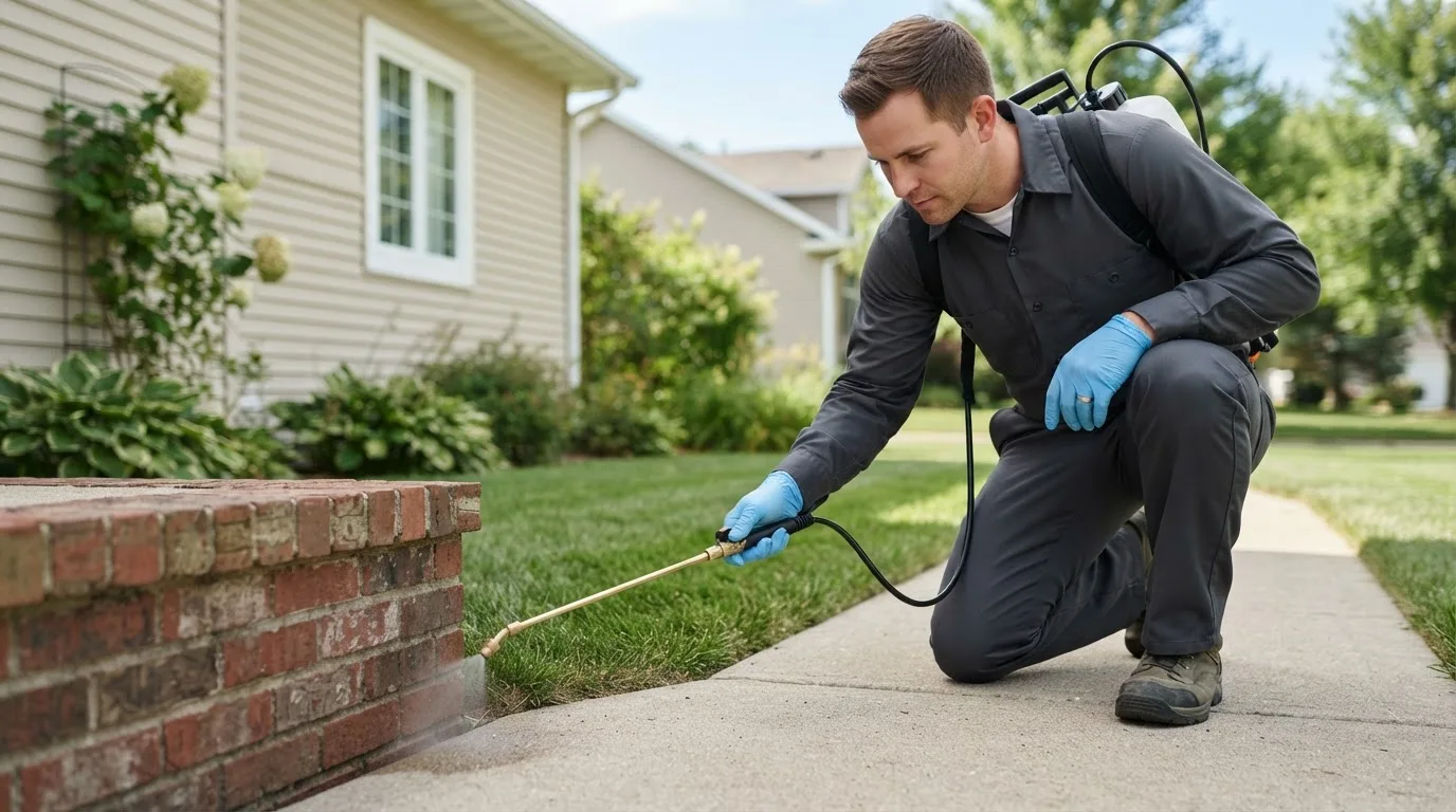 Pest control technician treating a home near East Hickory, PA